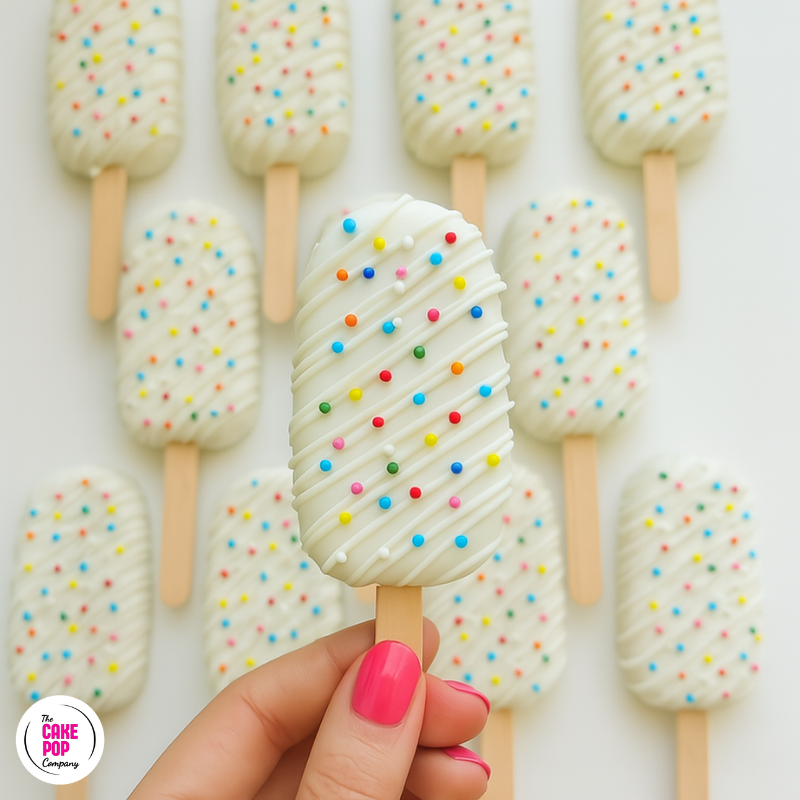 Hand holding a cake pop with colorful sprinkles against a background of similar cake pops.